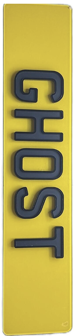 4D ghost (4D Metro) rear plate on yellow base with outlined raised black characters