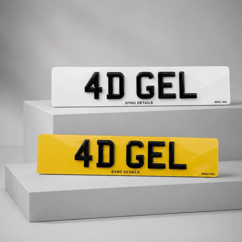 4D gel number plate with laser-cut acrylic characters and a domed gel top
