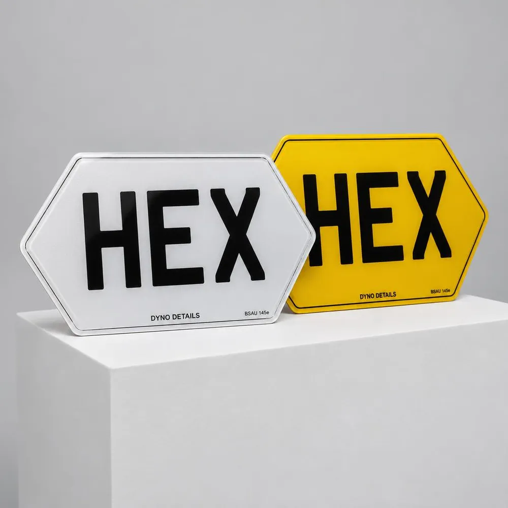 Hex and drip hex number plates made at the Dyno Details workshop
