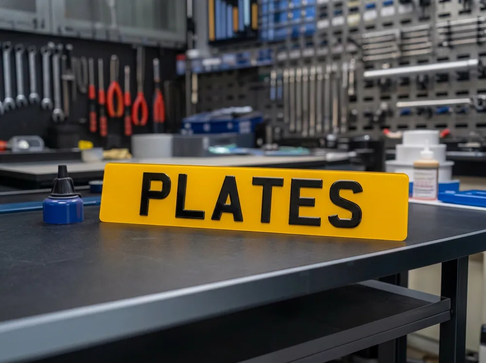 Number plates being made to a new registration at the Dyno Details workshop in Dagenham