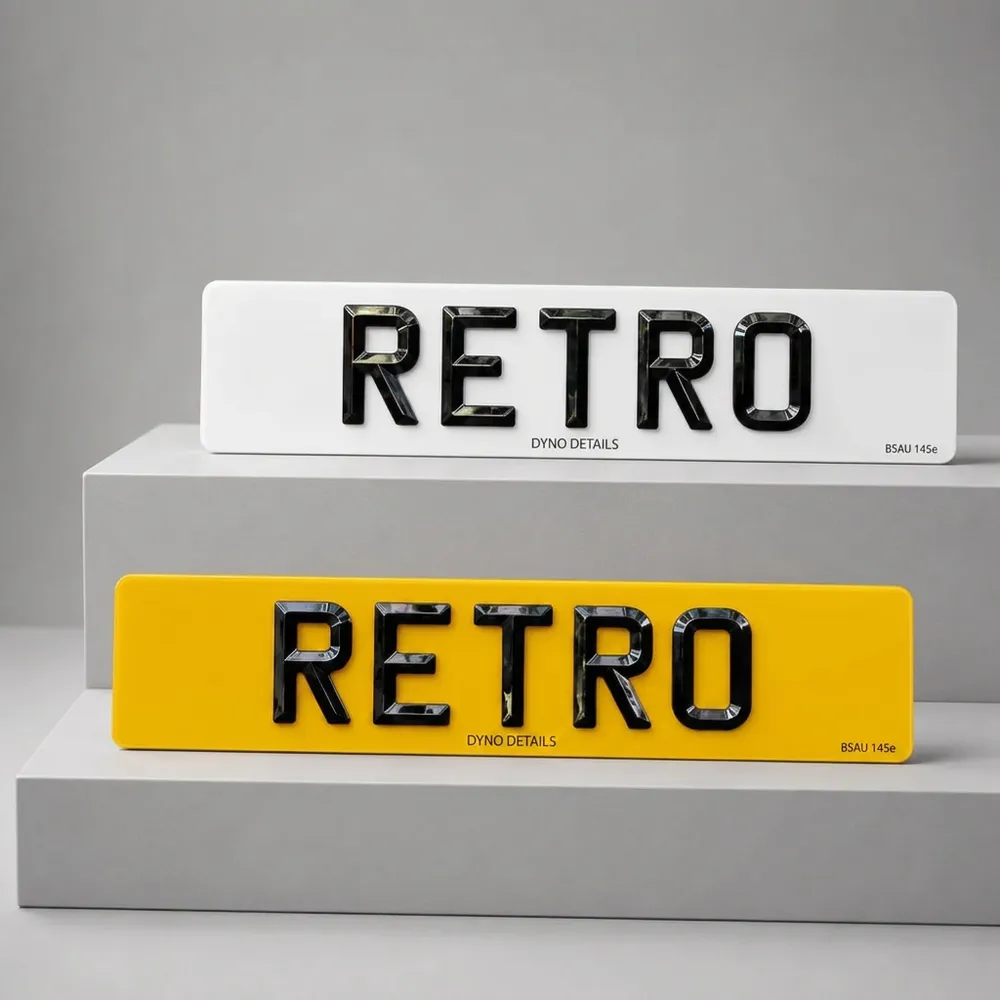 Retro pressed number plate with raised gloss-black characters made by Dyno Details