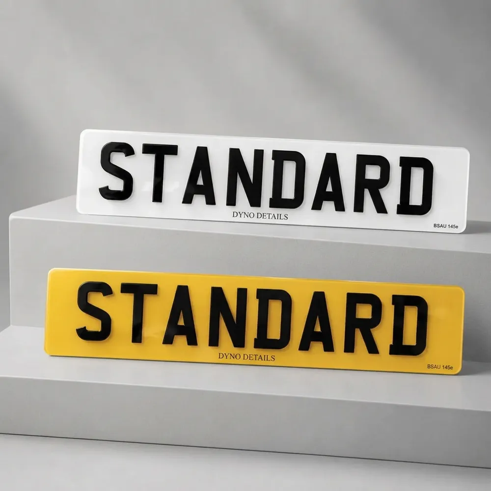 Replacement reflective UK number plates made to BS AU 145e by Dyno Details