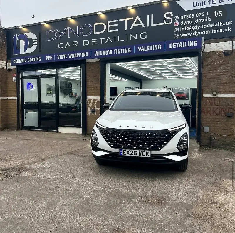 Freshly tinted car outside the Dyno Details studio in Dagenham